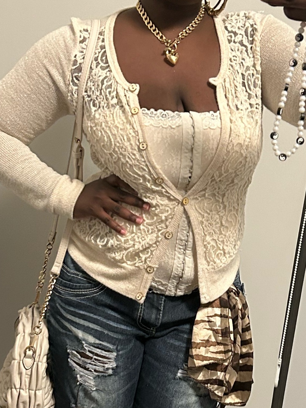 Vintage Made in USA Love Culture Lace-Front Cream Button Cardigan